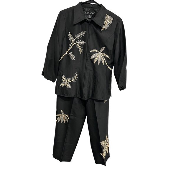 Silkland Small Black Embroidered 2-Piece Silk Pant Suit Palm Leaf Details - Picture 1 of 11